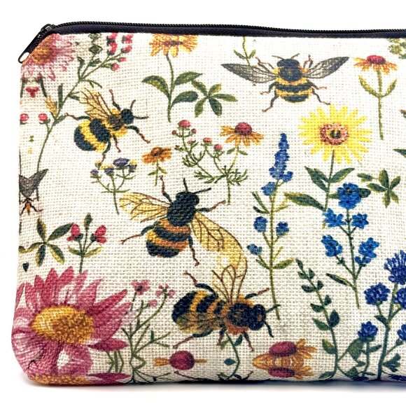 Summer Garden Bee Bees Flowers Wildflowers Zippered Pouch Cosmetic Travel Bag - Picture 3 of 5